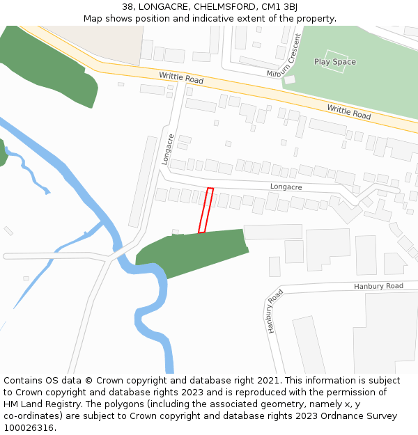 38, LONGACRE, CHELMSFORD, CM1 3BJ: Location map and indicative extent of plot