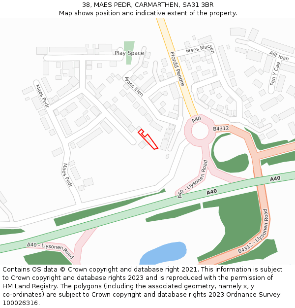 38, MAES PEDR, CARMARTHEN, SA31 3BR: Location map and indicative extent of plot