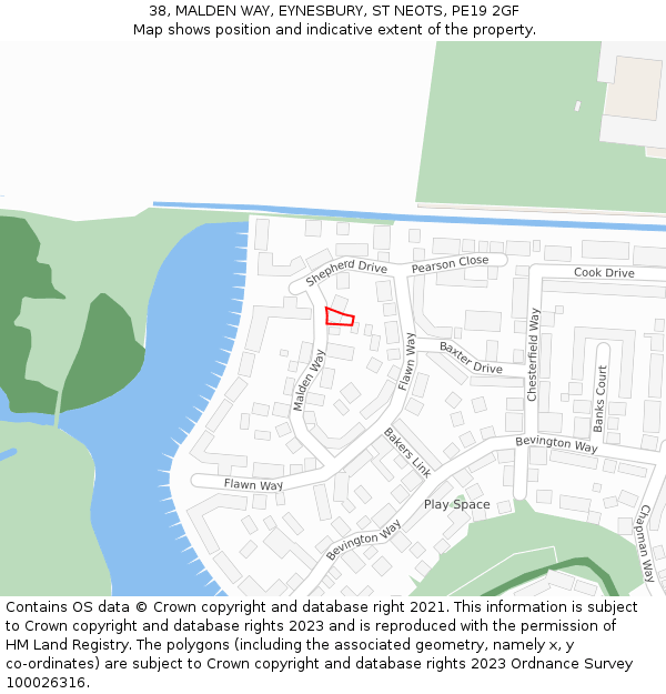 38, MALDEN WAY, EYNESBURY, ST NEOTS, PE19 2GF: Location map and indicative extent of plot