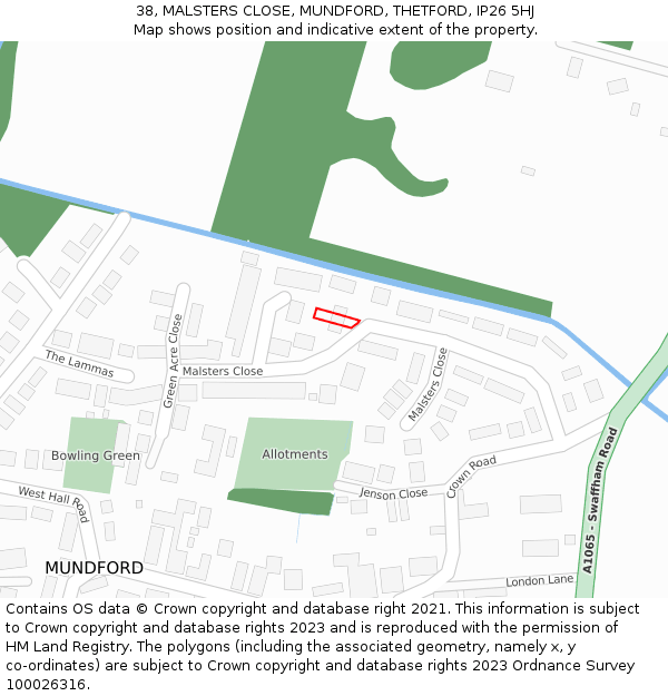 38, MALSTERS CLOSE, MUNDFORD, THETFORD, IP26 5HJ: Location map and indicative extent of plot