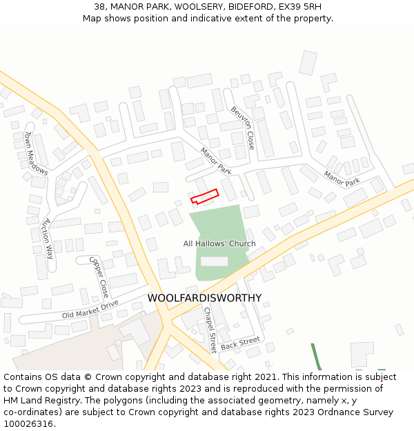 38, MANOR PARK, WOOLSERY, BIDEFORD, EX39 5RH: Location map and indicative extent of plot