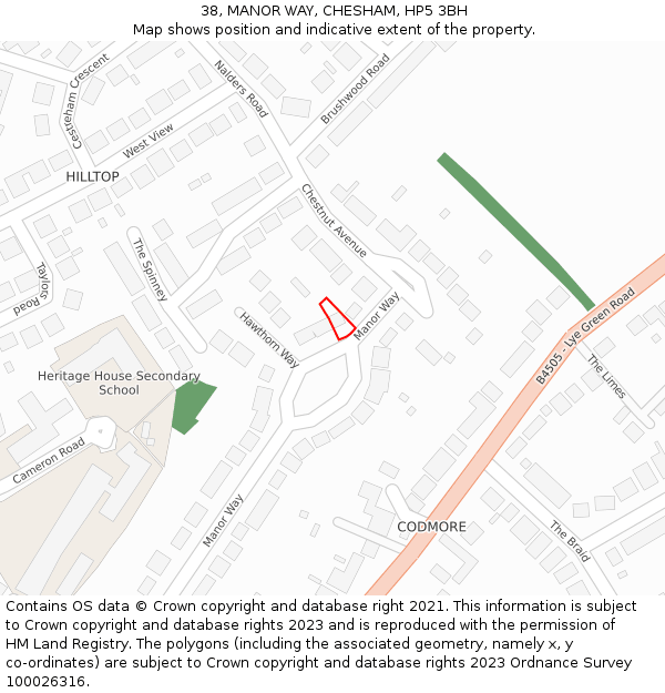 38, MANOR WAY, CHESHAM, HP5 3BH: Location map and indicative extent of plot