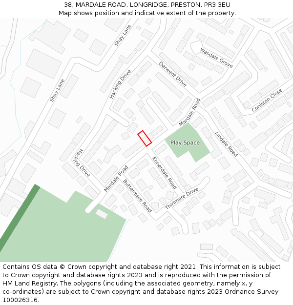 38, MARDALE ROAD, LONGRIDGE, PRESTON, PR3 3EU: Location map and indicative extent of plot