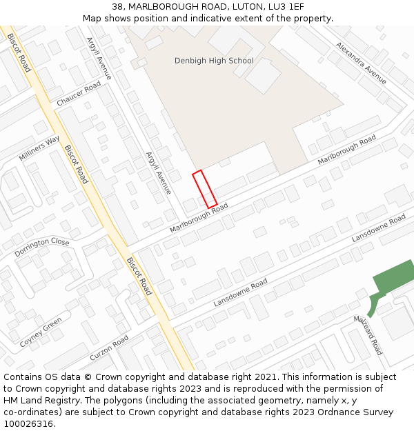 38, MARLBOROUGH ROAD, LUTON, LU3 1EF: Location map and indicative extent of plot