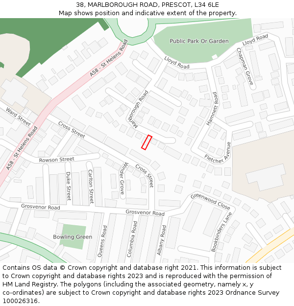 38, MARLBOROUGH ROAD, PRESCOT, L34 6LE: Location map and indicative extent of plot