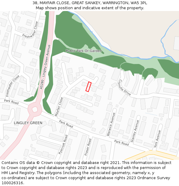 38, MAYFAIR CLOSE, GREAT SANKEY, WARRINGTON, WA5 3PL: Location map and indicative extent of plot