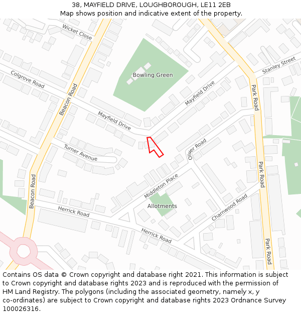 38, MAYFIELD DRIVE, LOUGHBOROUGH, LE11 2EB: Location map and indicative extent of plot