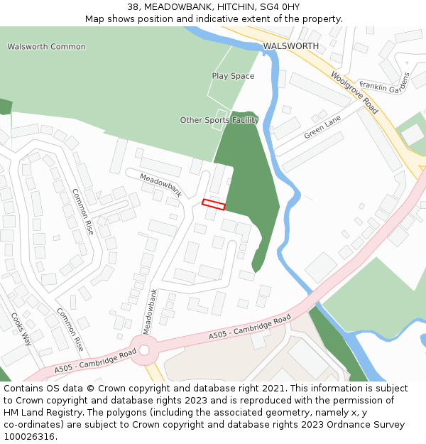 38, MEADOWBANK, HITCHIN, SG4 0HY: Location map and indicative extent of plot