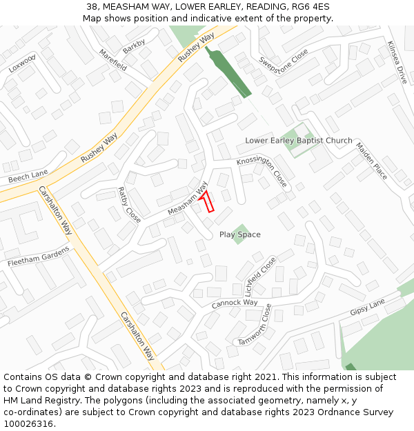 38, MEASHAM WAY, LOWER EARLEY, READING, RG6 4ES: Location map and indicative extent of plot