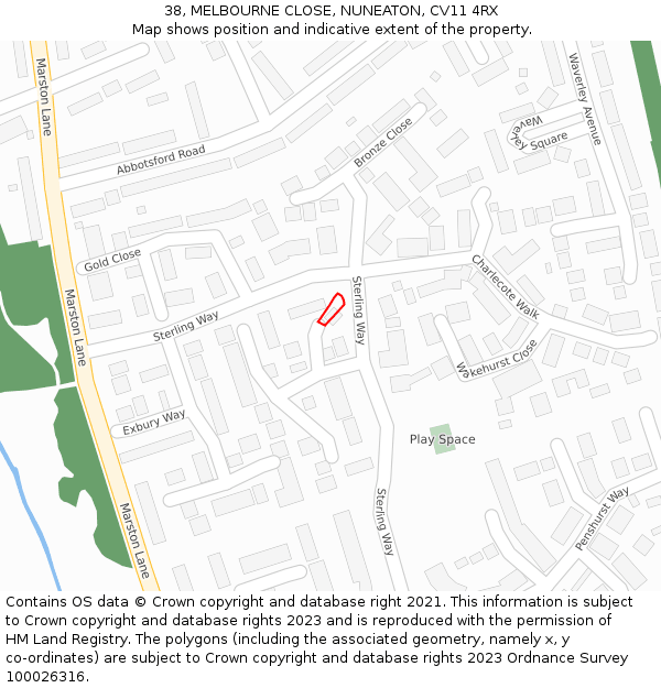 38, MELBOURNE CLOSE, NUNEATON, CV11 4RX: Location map and indicative extent of plot