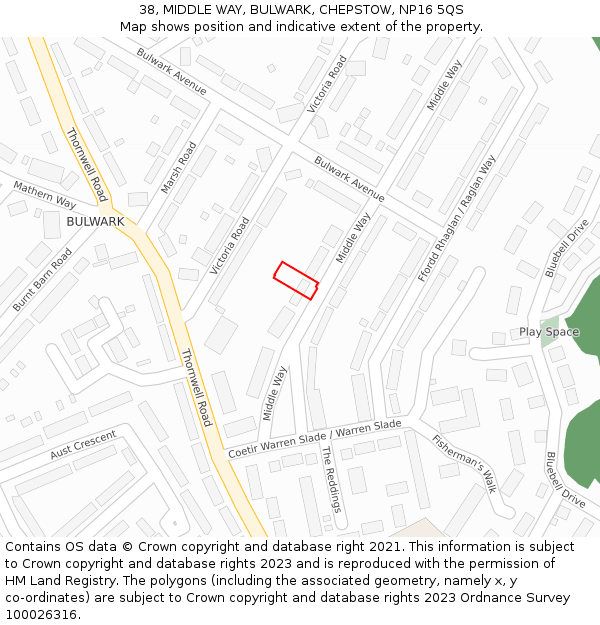 38, MIDDLE WAY, BULWARK, CHEPSTOW, NP16 5QS: Location map and indicative extent of plot