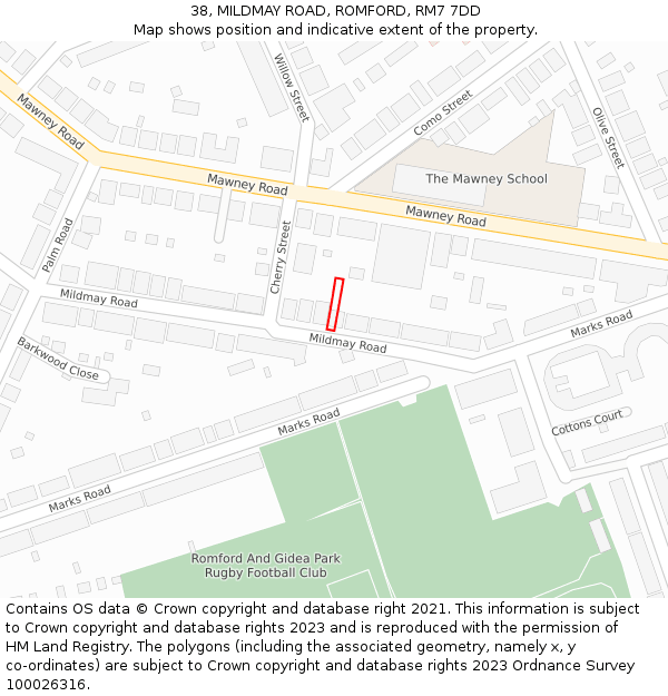 38, MILDMAY ROAD, ROMFORD, RM7 7DD: Location map and indicative extent of plot