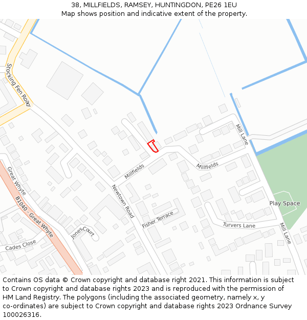 38, MILLFIELDS, RAMSEY, HUNTINGDON, PE26 1EU: Location map and indicative extent of plot