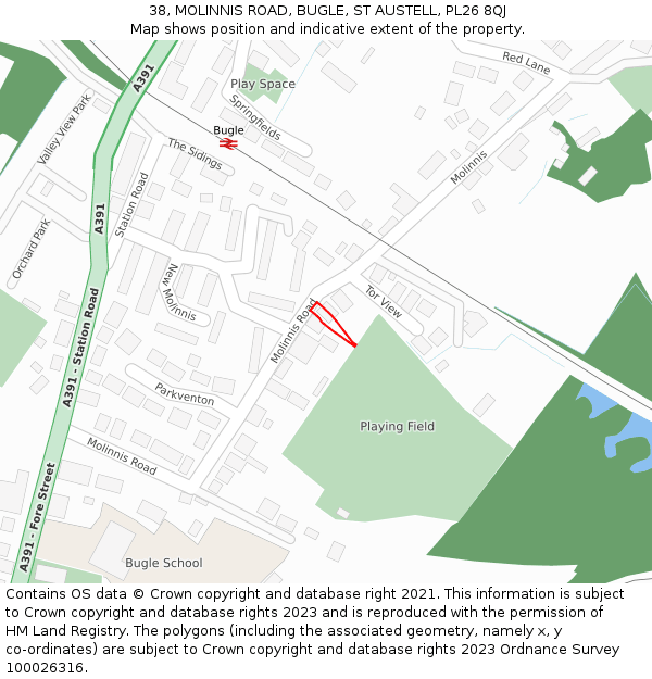 38, MOLINNIS ROAD, BUGLE, ST AUSTELL, PL26 8QJ: Location map and indicative extent of plot