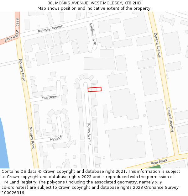 38, MONKS AVENUE, WEST MOLESEY, KT8 2HD: Location map and indicative extent of plot