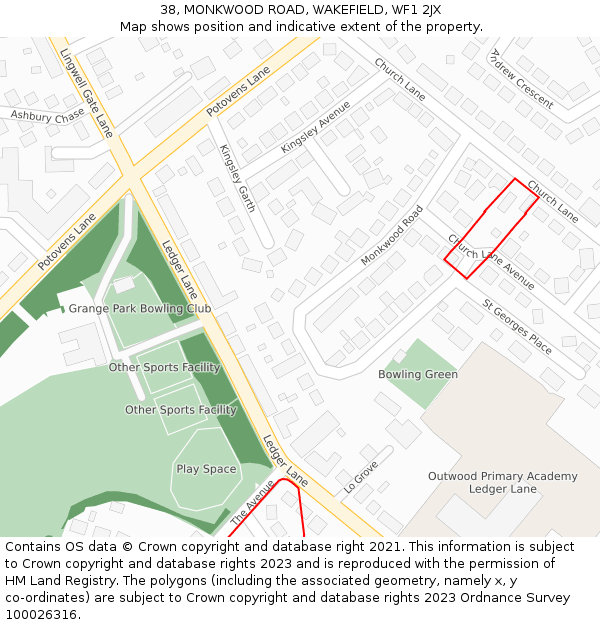 38, MONKWOOD ROAD, WAKEFIELD, WF1 2JX: Location map and indicative extent of plot