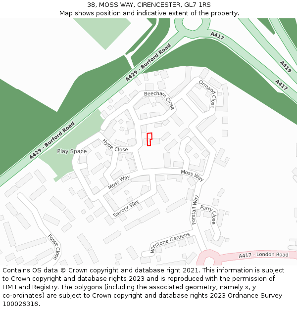 38, MOSS WAY, CIRENCESTER, GL7 1RS: Location map and indicative extent of plot