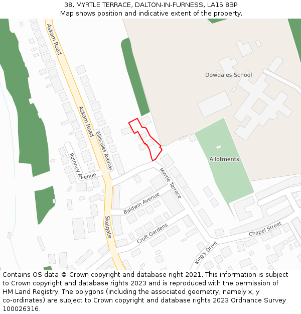 38, MYRTLE TERRACE, DALTON-IN-FURNESS, LA15 8BP: Location map and indicative extent of plot