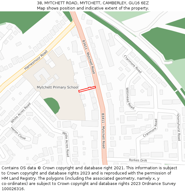 38, MYTCHETT ROAD, MYTCHETT, CAMBERLEY, GU16 6EZ: Location map and indicative extent of plot