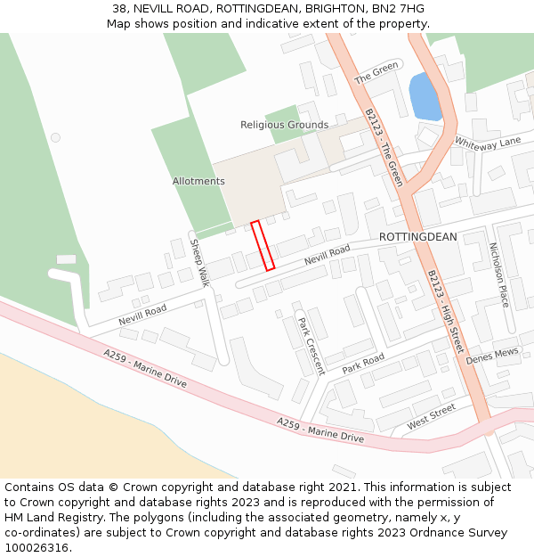 38, NEVILL ROAD, ROTTINGDEAN, BRIGHTON, BN2 7HG: Location map and indicative extent of plot