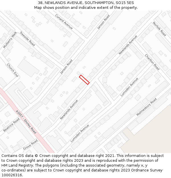 38, NEWLANDS AVENUE, SOUTHAMPTON, SO15 5ES: Location map and indicative extent of plot