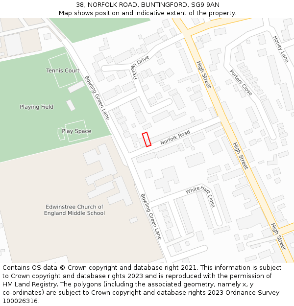 38, NORFOLK ROAD, BUNTINGFORD, SG9 9AN: Location map and indicative extent of plot