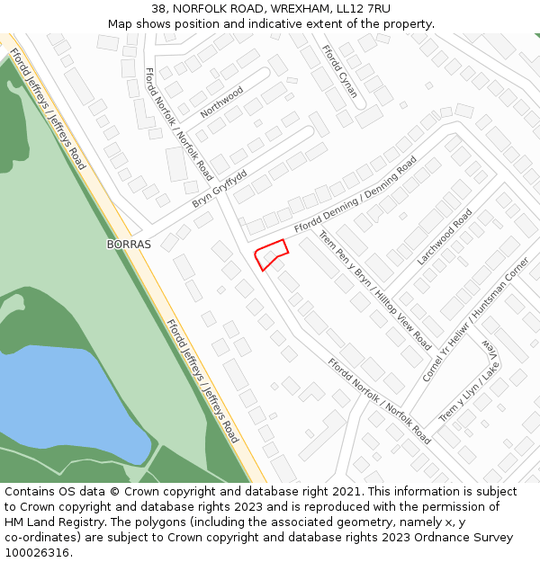 38, NORFOLK ROAD, WREXHAM, LL12 7RU: Location map and indicative extent of plot