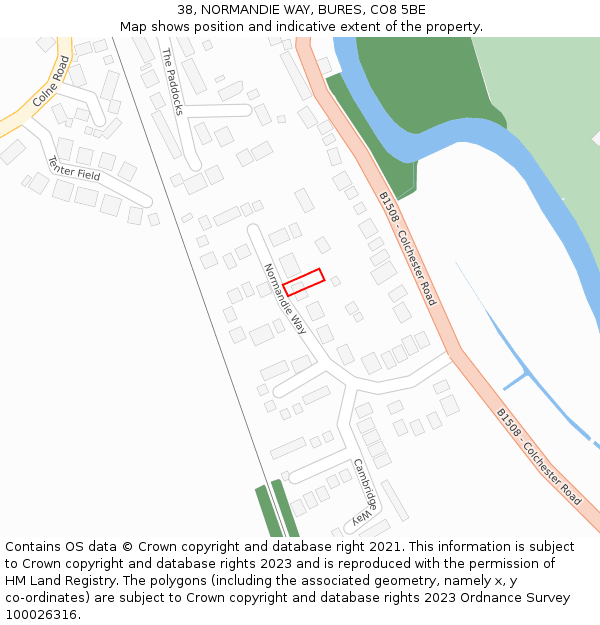 38, NORMANDIE WAY, BURES, CO8 5BE: Location map and indicative extent of plot