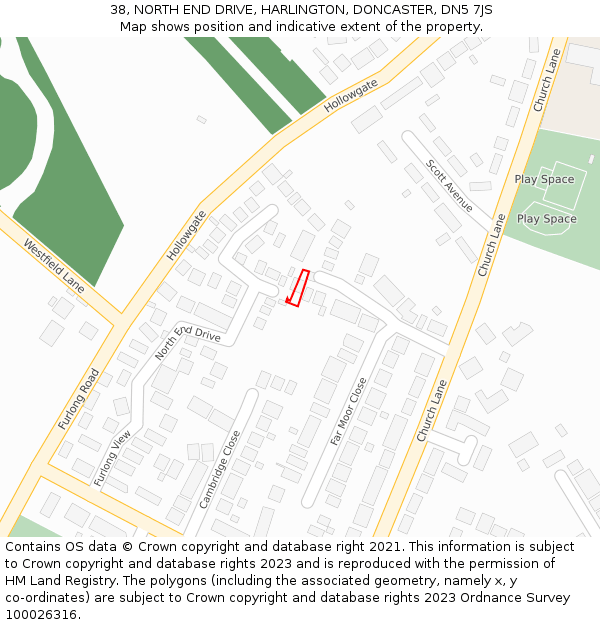 38, NORTH END DRIVE, HARLINGTON, DONCASTER, DN5 7JS: Location map and indicative extent of plot