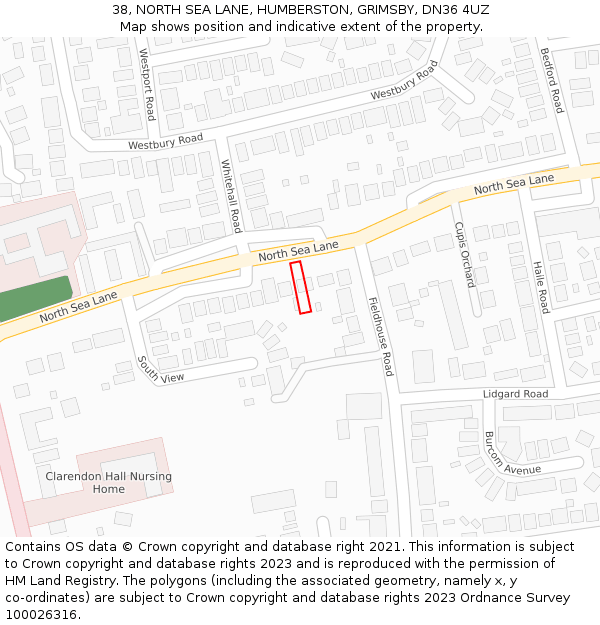 38, NORTH SEA LANE, HUMBERSTON, GRIMSBY, DN36 4UZ: Location map and indicative extent of plot