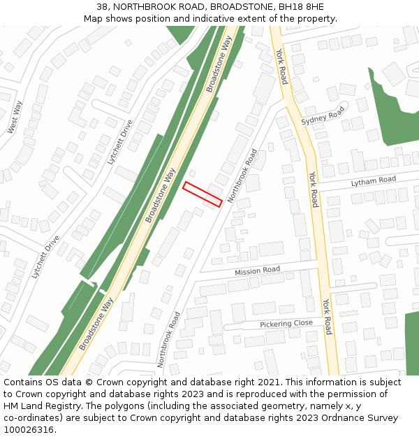 38, NORTHBROOK ROAD, BROADSTONE, BH18 8HE: Location map and indicative extent of plot