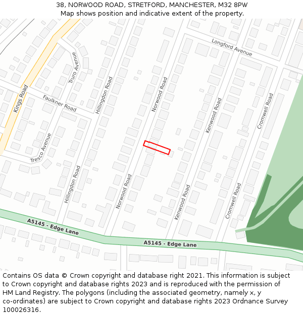 38, NORWOOD ROAD, STRETFORD, MANCHESTER, M32 8PW: Location map and indicative extent of plot