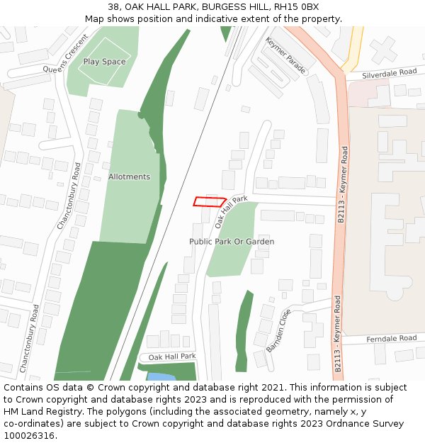 38, OAK HALL PARK, BURGESS HILL, RH15 0BX: Location map and indicative extent of plot