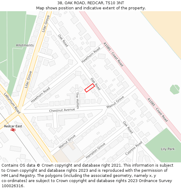 38, OAK ROAD, REDCAR, TS10 3NT: Location map and indicative extent of plot