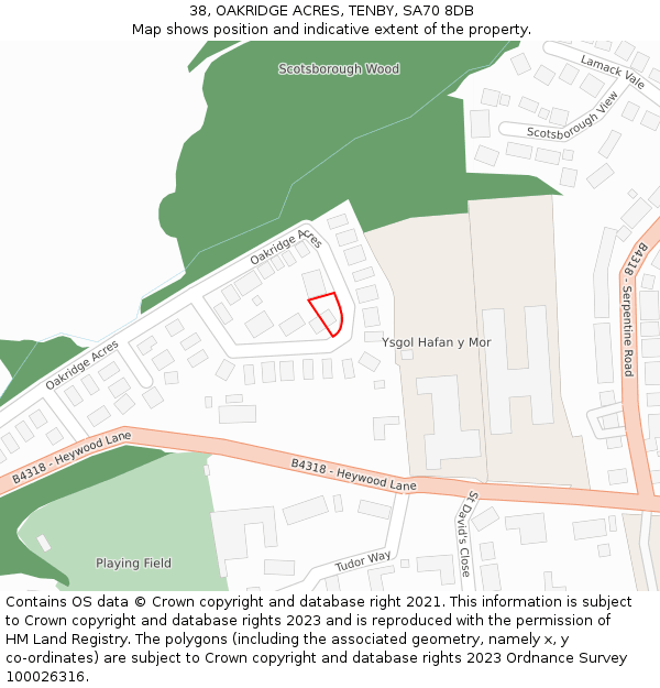 38, OAKRIDGE ACRES, TENBY, SA70 8DB: Location map and indicative extent of plot