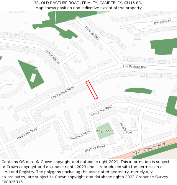 38, OLD PASTURE ROAD, FRIMLEY, CAMBERLEY, GU16 8RU: Location map and indicative extent of plot