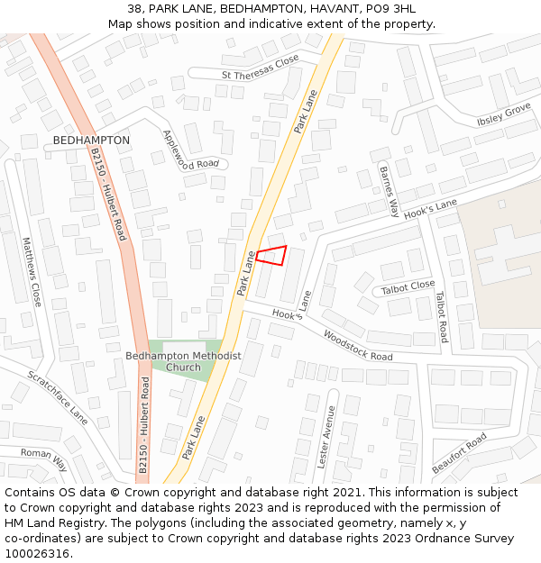 38, PARK LANE, BEDHAMPTON, HAVANT, PO9 3HL: Location map and indicative extent of plot