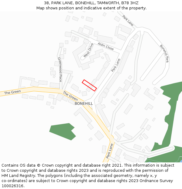 38, PARK LANE, BONEHILL, TAMWORTH, B78 3HZ: Location map and indicative extent of plot