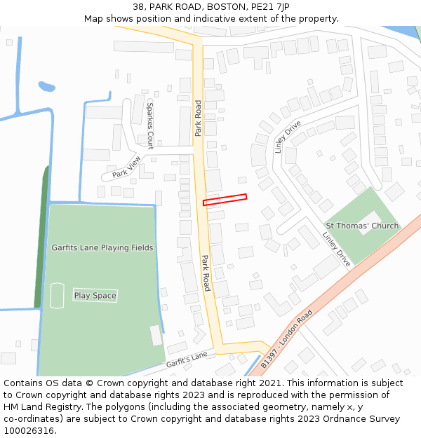 38, PARK ROAD, BOSTON, PE21 7JP: Location map and indicative extent of plot