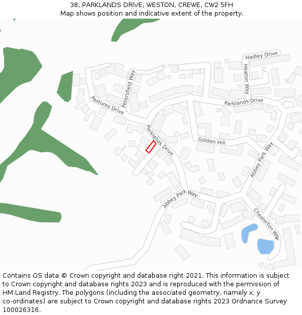 38, PARKLANDS DRIVE, WESTON, CREWE, CW2 5FH: Location map and indicative extent of plot