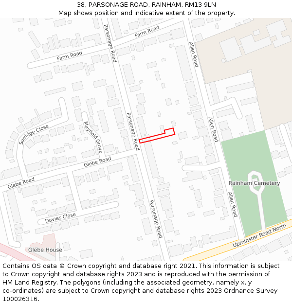 38, PARSONAGE ROAD, RAINHAM, RM13 9LN: Location map and indicative extent of plot