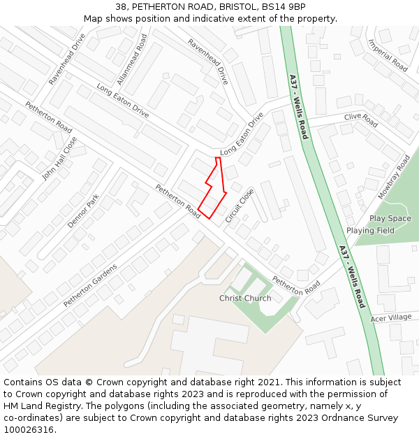 38, PETHERTON ROAD, BRISTOL, BS14 9BP: Location map and indicative extent of plot