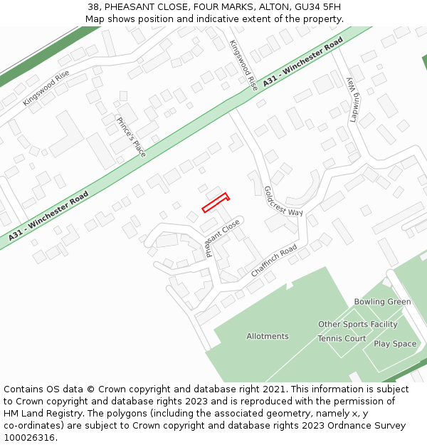 38, PHEASANT CLOSE, FOUR MARKS, ALTON, GU34 5FH: Location map and indicative extent of plot