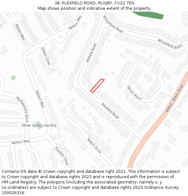 38, PLEXFIELD ROAD, RUGBY, CV22 7EN: Location map and indicative extent of plot