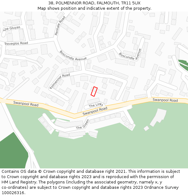 38, POLMENNOR ROAD, FALMOUTH, TR11 5UX: Location map and indicative extent of plot