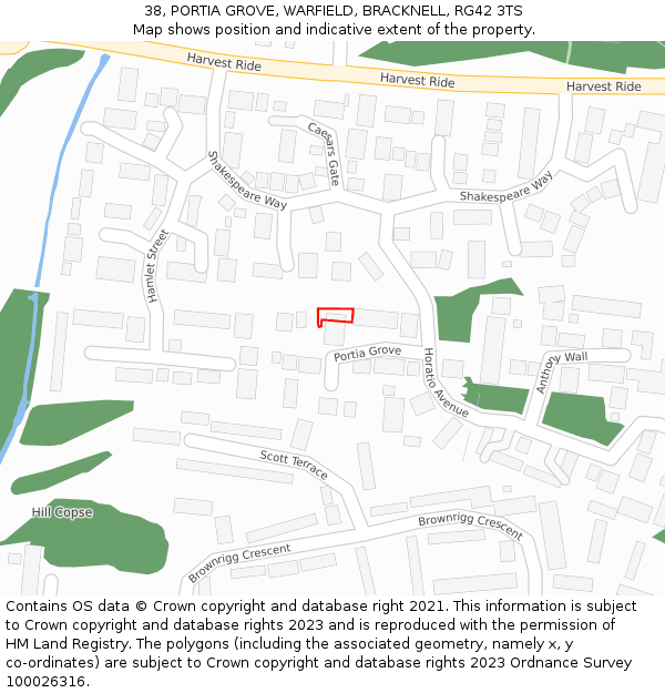 38, PORTIA GROVE, WARFIELD, BRACKNELL, RG42 3TS: Location map and indicative extent of plot