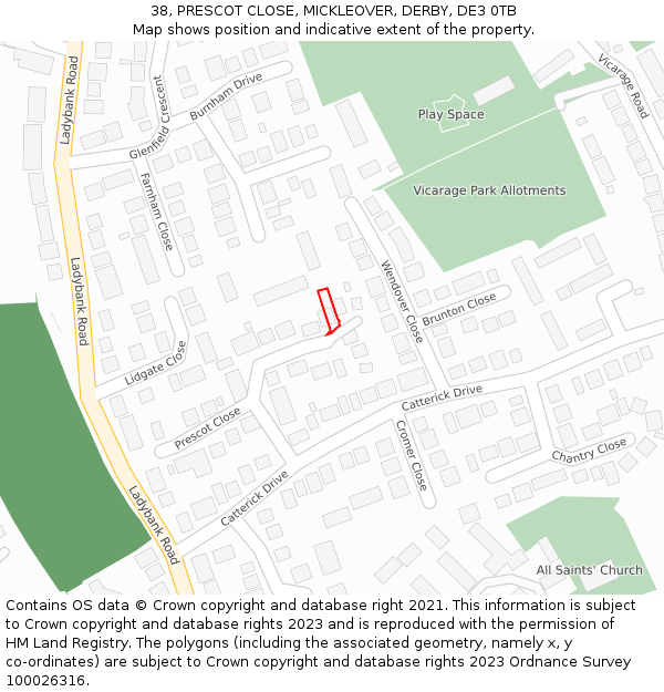 38, PRESCOT CLOSE, MICKLEOVER, DERBY, DE3 0TB: Location map and indicative extent of plot