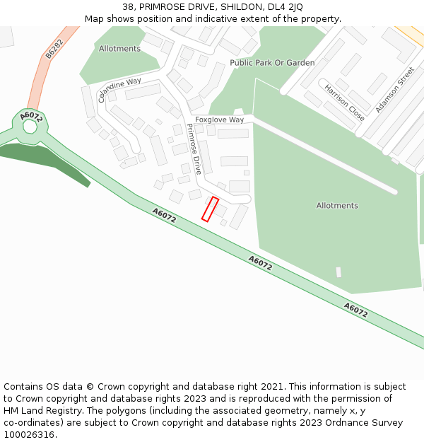 38, PRIMROSE DRIVE, SHILDON, DL4 2JQ: Location map and indicative extent of plot