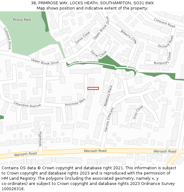 38, PRIMROSE WAY, LOCKS HEATH, SOUTHAMPTON, SO31 6WX: Location map and indicative extent of plot