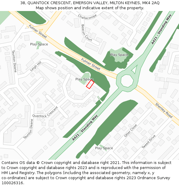 38, QUANTOCK CRESCENT, EMERSON VALLEY, MILTON KEYNES, MK4 2AQ: Location map and indicative extent of plot